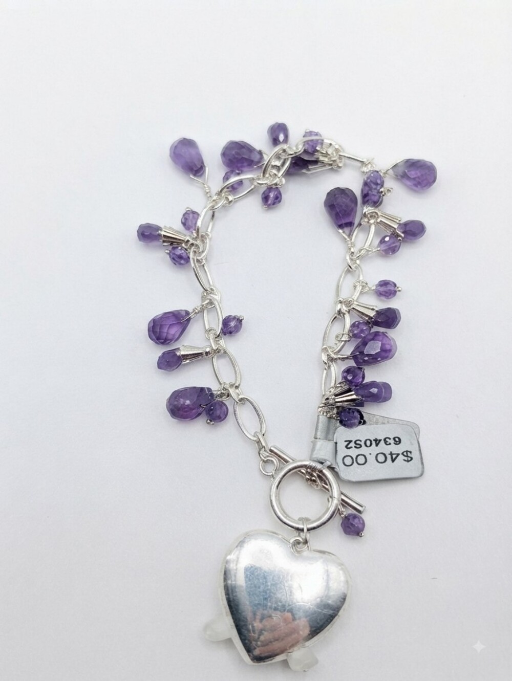 NWT Heart Pendant Charm Bracelet with Amethyst Beads - Silver Tone